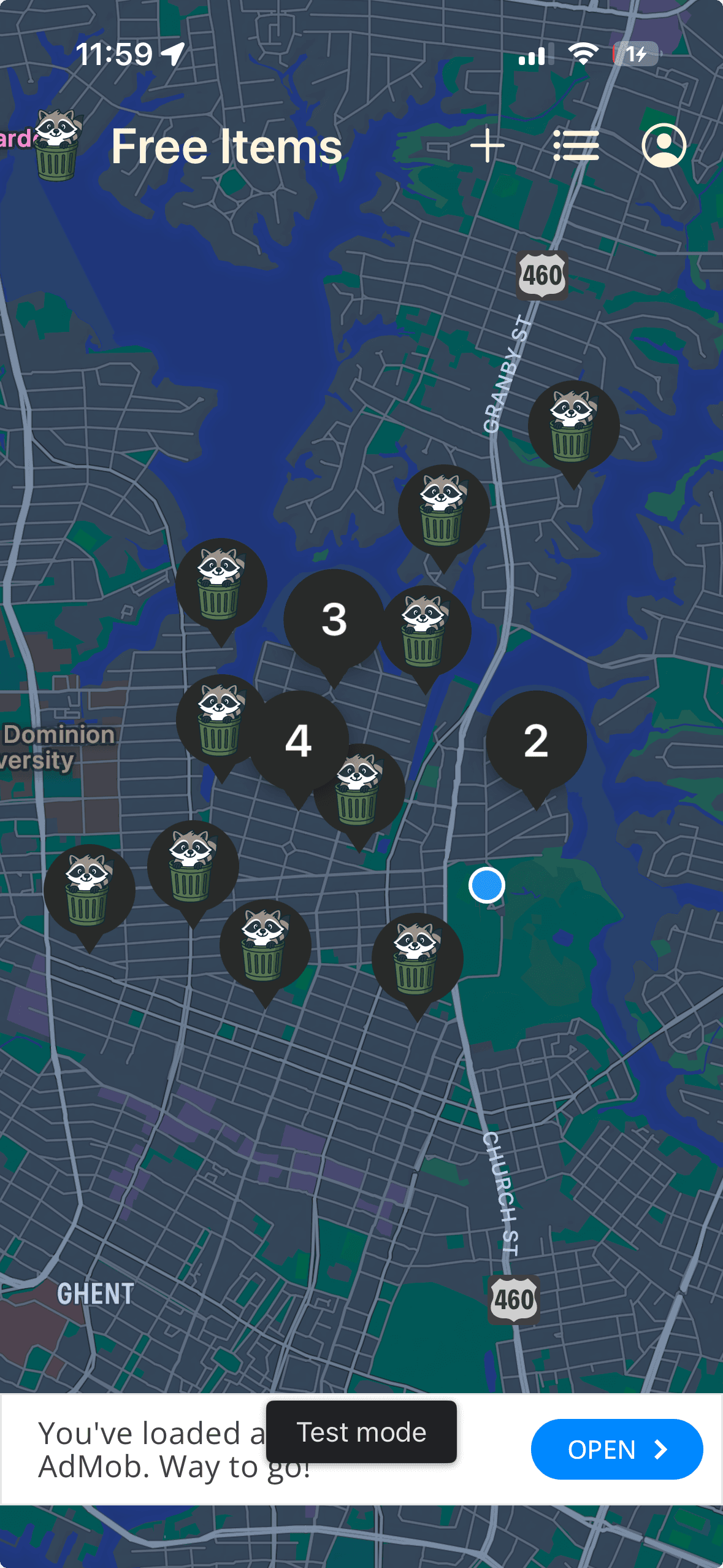 Curby map showing nearby free item markers