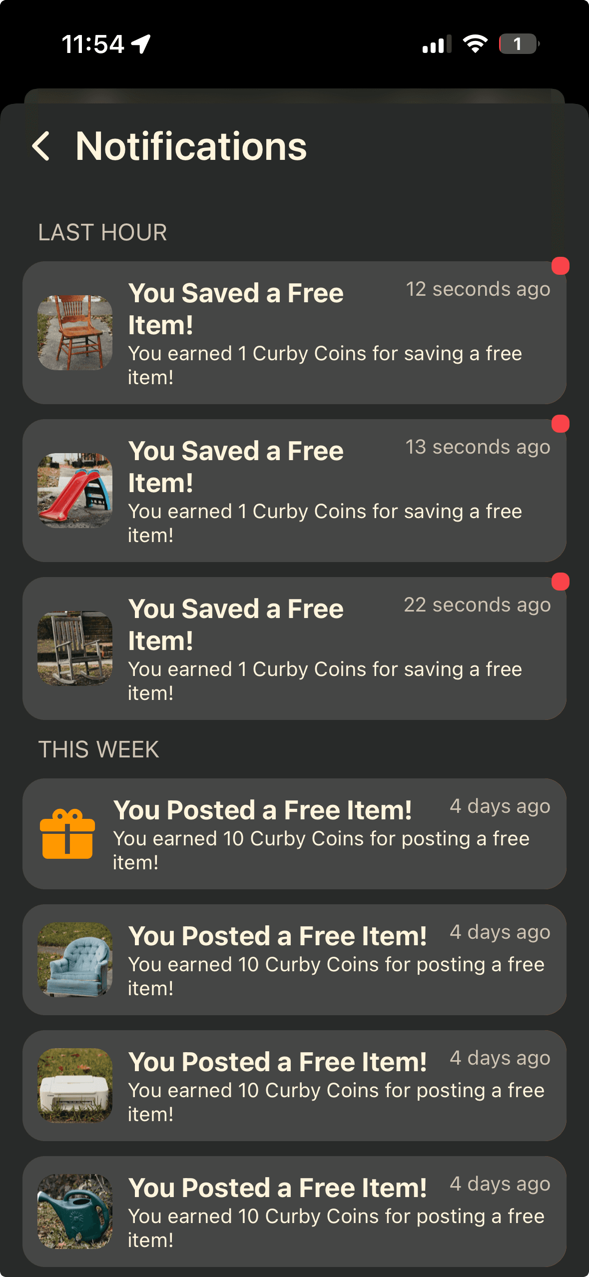 Curby notifications screen
